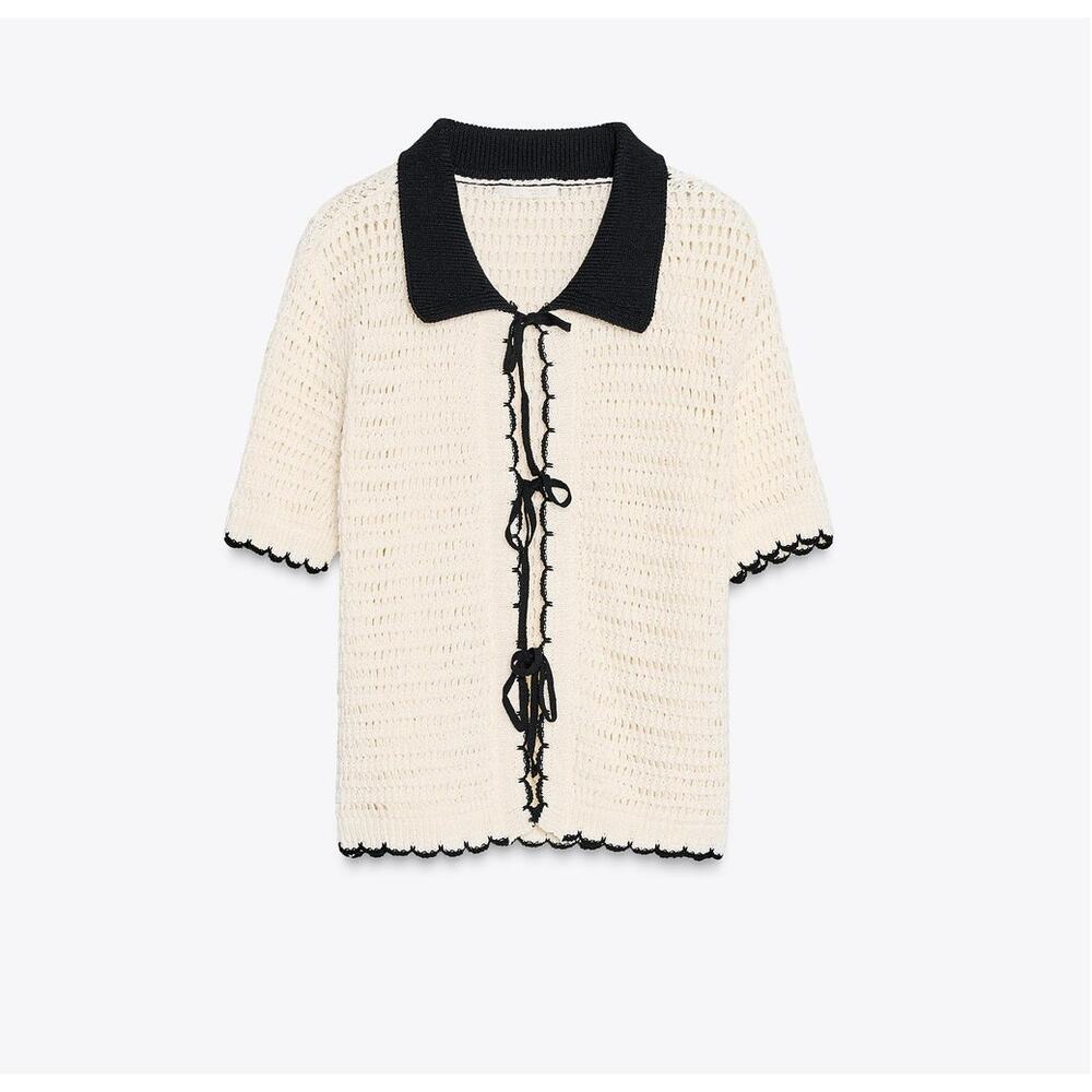 Zara NWT Ecru Black Crochet Polo Collar Tie Front Short Sleeve Top L - Picture 15 of 16